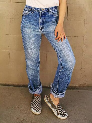 Flamingals High Rise Straight Leg Wash Roll Hem Stylish Trendy Chic Jeans in Saudi Arabia