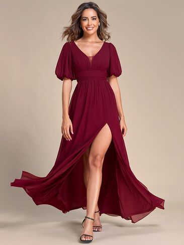 Ever-Pretty Women's Sexy V Neck Front Slit A Line Short Sleeves Chiffon Formal Evening Dresses 01385 in Saudi Arabia