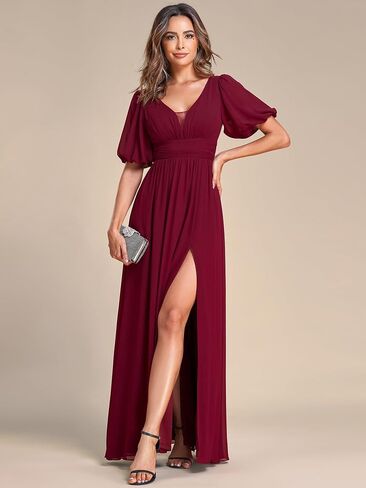 Ever-Pretty Women's Sexy V Neck Front Slit A Line Short Sleeves Chiffon Formal Evening Dresses 01385 in Saudi Arabia