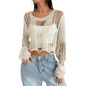 WDIRARA Women's Sheer Ripped Distressed Knit Top Long Sleeve See Through Crop Top in Saudi Arabia