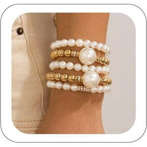 Gold Bracelets for Women Non Tarnish Gold Beaded Bracelet Stretch Bead Ball Bracelet Sets Trendy Stackable Layered Pearl Cross Bracelet Gold Jewelry for Women in Kuwait