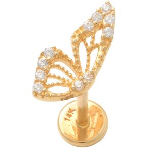 14k Real Solid Gold Butterfly Wing Cubic Zirconia Stud Piercing Earring – 18 Gauge Minimalist Earring for Multiple Piercings - External & Internal Threaded - Sold as a Single in Kuwait