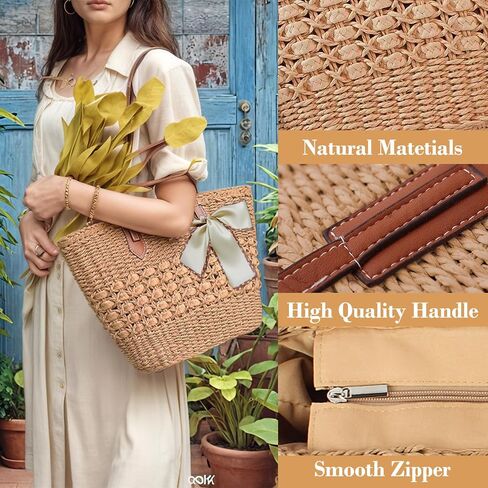 Straw Beach Tote Bag for Women Large Woven Handbags with Zipper and Ribbon Summer Shoulder Bag for Travel Vacation Casual Use in Saudi Arabia