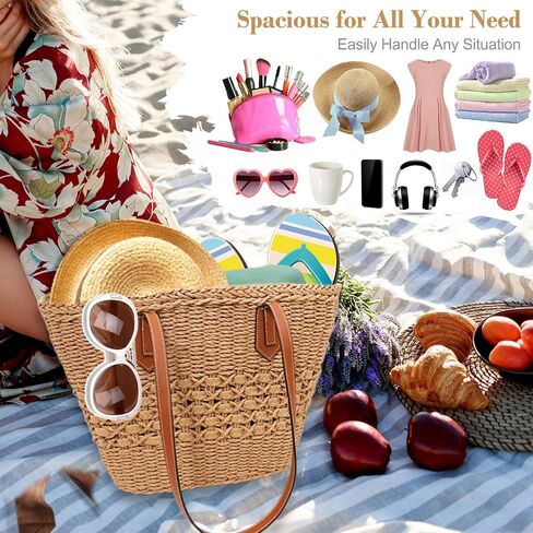 Straw Beach Tote Bag for Women Large Woven Handbags with Zipper and Ribbon Summer Shoulder Bag for Travel Vacation Casual Use in Saudi Arabia