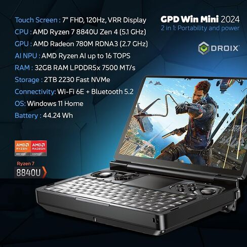 GPD Win Mini 2024 Handheld Gaming PC, AMD Ryzen 7 8840U, 8C/16T up to 5.1GHz, Radeon 780M GPU, 32GB LPDDR5 RAM, 1TB NVMe SSD, 7" 1080p 120Hz Touchscreen, Wi-Fi 6 in Saudi Arabia
