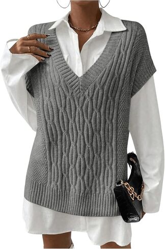 MakeMeChic Women's V Neck Sweater Split Hem Cable Knit Vest Sleeveless Casual Pullover Tops in Saudi Arabia