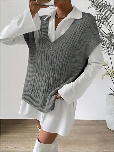 MakeMeChic Women's V Neck Sweater Split Hem Cable Knit Vest Sleeveless Casual Pullover Tops in Saudi Arabia