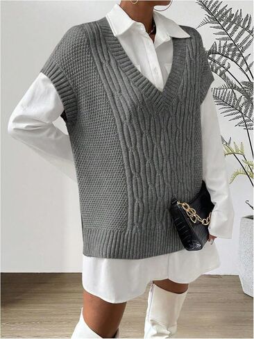 MakeMeChic Women's V Neck Sweater Split Hem Cable Knit Vest Sleeveless Casual Pullover Tops in Saudi Arabia