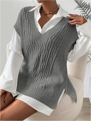 MakeMeChic Women's V Neck Sweater Split Hem Cable Knit Vest Sleeveless Casual Pullover Tops in Saudi Arabia