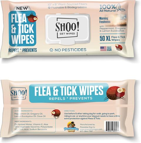 Shoo! Flea & Tick Dog Wipes | 100% All-Natural | Made with Essential Oils | 50 XL Wipes (2 Pack) in Saudi Arabia
