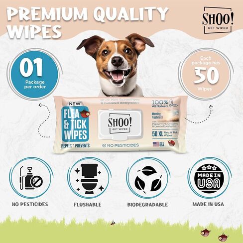 Shoo! Flea & Tick Dog Wipes | 100% All-Natural | Made with Essential Oils | 50 XL Wipes (2 Pack) in Saudi Arabia