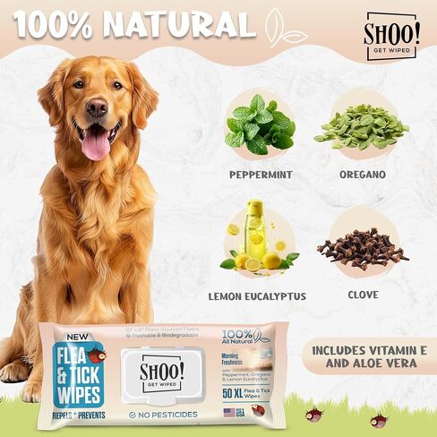 Shoo! Flea & Tick Dog Wipes | 100% All-Natural | Made with Essential Oils | 50 XL Wipes (2 Pack) in Saudi Arabia