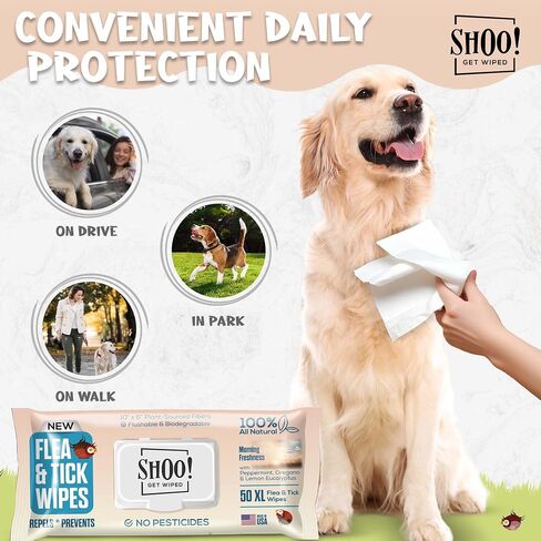 Shoo! Flea & Tick Dog Wipes | 100% All-Natural | Made with Essential Oils | 50 XL Wipes (2 Pack) in Saudi Arabia