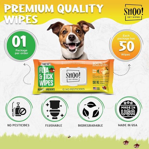 Shoo! Flea & Tick Dog Wipes | 100% All-Natural | Made with Essential Oils | 50 XL Wipes (2 Pack) in Saudi Arabia
