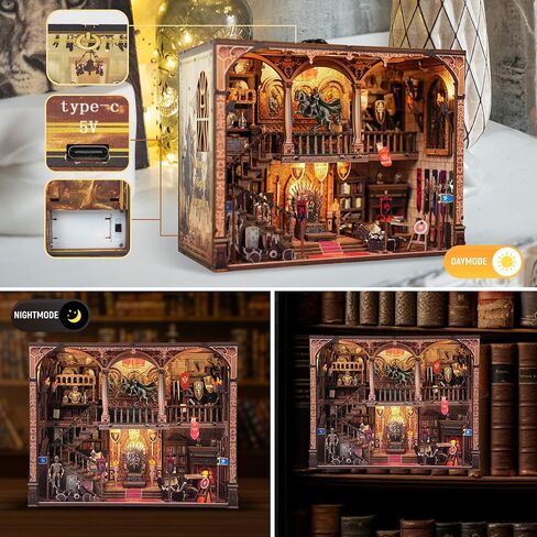 Book Nook Kit - دمية مصغرة للأجهزة الخشبية 3D ، حرفة DIY للمراهقين والبالغين ، تصميم عتيقة مع مصابيح LED ومفتاح اللمس （المكتبة الكلاسيكية） in Kuwait