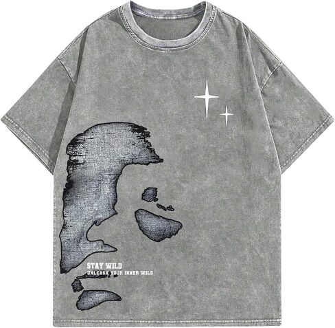 Men's Letter Graphic T Shirts Oversized Drop Shoulder Short Sleeve Vintage Streetwear Crew Neck Casual Tee Top in Saudi Arabia