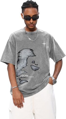 Men's Letter Graphic T Shirts Oversized Drop Shoulder Short Sleeve Vintage Streetwear Crew Neck Casual Tee Top in Saudi Arabia