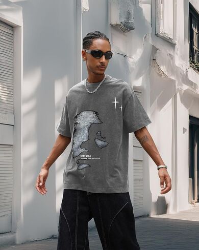 Men's Letter Graphic T Shirts Oversized Drop Shoulder Short Sleeve Vintage Streetwear Crew Neck Casual Tee Top in Saudi Arabia