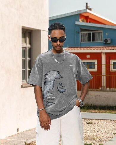 Men's Letter Graphic T Shirts Oversized Drop Shoulder Short Sleeve Vintage Streetwear Crew Neck Casual Tee Top in Saudi Arabia