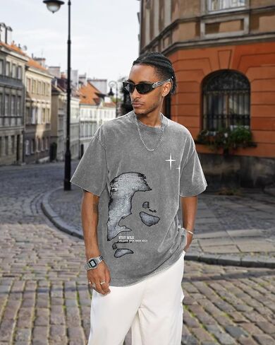 Men's Letter Graphic T Shirts Oversized Drop Shoulder Short Sleeve Vintage Streetwear Crew Neck Casual Tee Top in Saudi Arabia