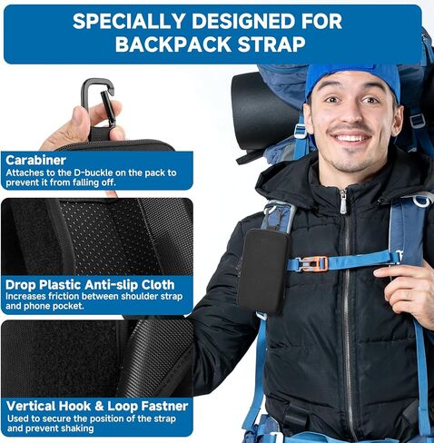 Backpack Strap Pouch Phone Holder Compatible with Cell Phone Under 7.3" x 4.5" x 0.7"(with case), Backpack Shoulder Strap Attachment Bag for Hikers, Travelers, Hunters and Commuters - Black in Kuwait