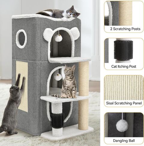 YITAHOME 2-Tier Cat House, Indoor Cat Cave Bed Playhouse, Cat Tunnels with Scratch Pad and Hideaway Cube, Cute Modern Cat Condo Furniture for Multi Small Cats, Extended (Grey) in Saudi Arabia