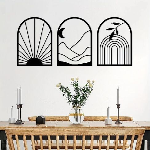 GSANMU Metal Boho Flower Wall Decor - 3 Pcs Minimalist black Farmhouse Hanging Wall Art Iron line decor ​for Bathroom,Living Room and Bedroom 16.5×11.8 inch in Saudi Arabia