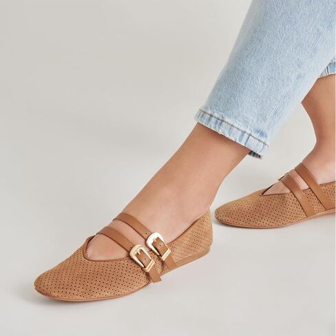 UBWDU SUEDE MARY JANE FLATS للنساء مثقبة مستديرة إصبع القدم شقق الباليه مريحة أحذية راقصة الباليه مع حزام مزدوج الإبزيم in Kuwait