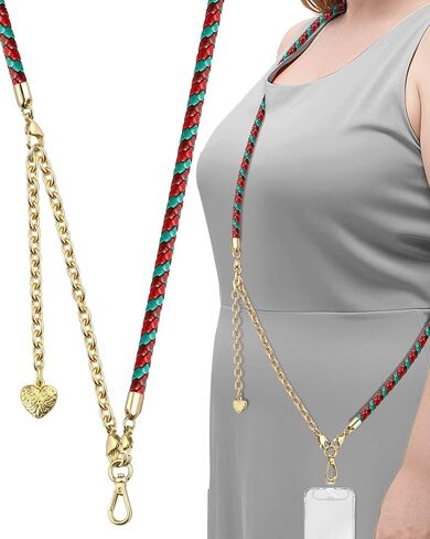 Phone Lanyard,Adjustable Cell-Phone Lanyard Crossbody iPhone Chain Braided Leather Neck Strap With Metal Phone Chain Wristlet & 2 x Clear Phone Tether Tabs(Black) in Kuwait