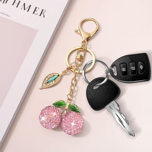 Red Rhinestone Fruit Key Ring with Leaf Charm, Sparkling Bling Keychains for Women in Saudi Arabia