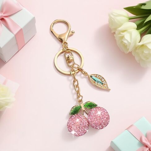 Red Rhinestone Fruit Key Ring with Leaf Charm, Sparkling Bling Keychains for Women in Saudi Arabia
