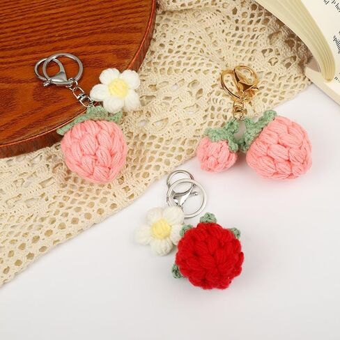 Cute Handmade Weaving Keychains Strawberry Cherry Flower Keychains Fruit Keychain Women Girls Bag Purse Car Accessories in Saudi Arabia