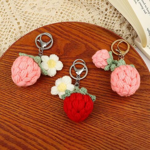 Cute Handmade Weaving Keychains Strawberry Cherry Flower Keychains Fruit Keychain Women Girls Bag Purse Car Accessories in Saudi Arabia