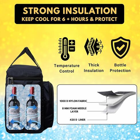 Insulated 6 Bottle Cooler Bag | with 6 Units of Ice Gel Packs | Wine Cooler Bag | Beer Cooler Bag | Insulated Bag | Fits 6 Full Size Bottles in Saudi Arabia