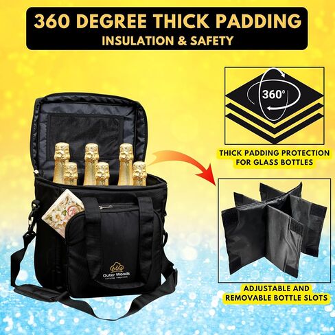 Insulated 6 Bottle Cooler Bag | with 6 Units of Ice Gel Packs | Wine Cooler Bag | Beer Cooler Bag | Insulated Bag | Fits 6 Full Size Bottles in Saudi Arabia
