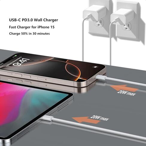 كتلة شاحن USB C مزدوج 20 وات مع كابل USB C إلى USB C بطول 6 أقدام و10 أقدام لهاتف iPhone 16 Pro Max/ 16 Plus/i Phone 15 وiPad Pro 13 بوصة 12.9 بوصة 11 بوصة M4/Air 6th M2/5th/4th/Mini 6 8.3- بوصة/ الجيل العاشر 10.9 بوصة، عبوة واحدة in Saudi Arabia