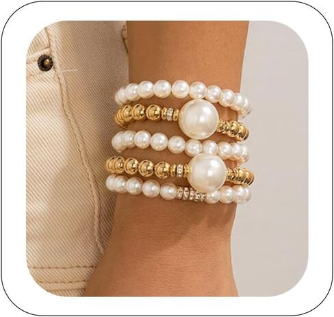 Gold Bracelets for Women Non Tarnish Gold Beaded Bracelet Stretch Bead Ball Bracelet Sets Trendy Stackable Layered Pearl Cross Bracelet Gold Jewelry for Women in Kuwait