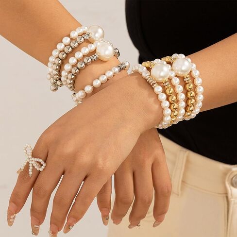 Gold Bracelets for Women Non Tarnish Gold Beaded Bracelet Stretch Bead Ball Bracelet Sets Trendy Stackable Layered Pearl Cross Bracelet Gold Jewelry for Women in Kuwait