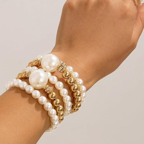 Gold Bracelets for Women Non Tarnish Gold Beaded Bracelet Stretch Bead Ball Bracelet Sets Trendy Stackable Layered Pearl Cross Bracelet Gold Jewelry for Women in Kuwait