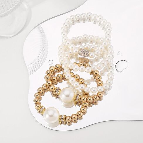 Gold Bracelets for Women Non Tarnish Gold Beaded Bracelet Stretch Bead Ball Bracelet Sets Trendy Stackable Layered Pearl Cross Bracelet Gold Jewelry for Women in Kuwait