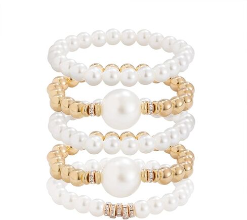 Gold Bracelets for Women Non Tarnish Gold Beaded Bracelet Stretch Bead Ball Bracelet Sets Trendy Stackable Layered Pearl Cross Bracelet Gold Jewelry for Women in Kuwait