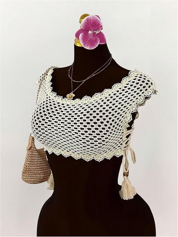 GORGLITTER Women's Crochet Lace Bikini Cover Up Hollow Out Sheer Tie Side Cropped Beach Tank Tops in Saudi Arabia