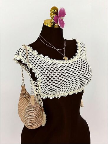 GORGLITTER Women's Crochet Lace Bikini Cover Up Hollow Out Sheer Tie Side Cropped Beach Tank Tops in Saudi Arabia