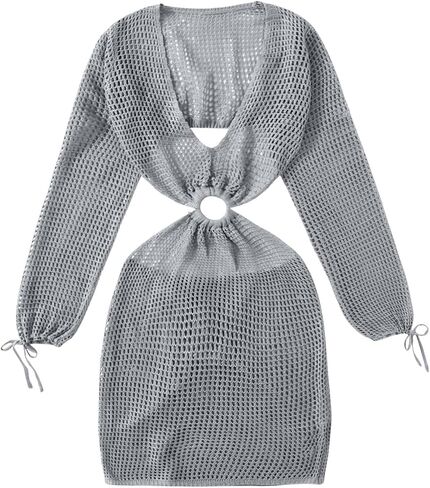 MakeMeChic Women's Swimsuit Crochet Coverups Long Sleeve V Neck Cut Out Summer Beach Cover Up Dress in Saudi Arabia