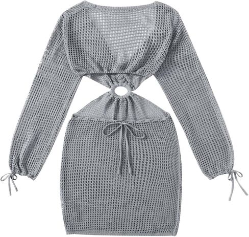 MakeMeChic Women's Swimsuit Crochet Coverups Long Sleeve V Neck Cut Out Summer Beach Cover Up Dress in Saudi Arabia