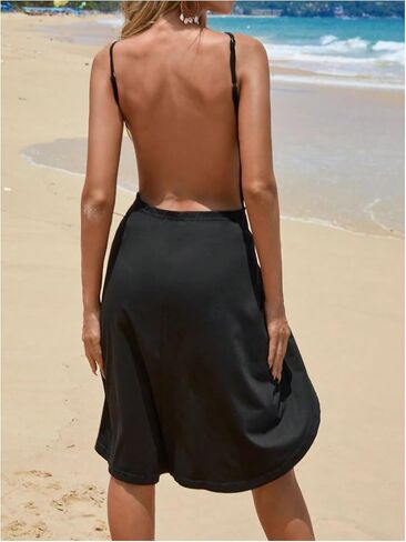 WDIRARA Women's V Neck Wrap Backless Kimono Beach Dress Sleeveless Asymmetrical Cover Up in Saudi Arabia