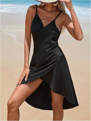 WDIRARA Women's V Neck Wrap Backless Kimono Beach Dress Sleeveless Asymmetrical Cover Up in Saudi Arabia