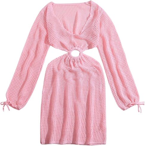 MakeMeChic Women's Swimsuit Crochet Coverups Long Sleeve V Neck Cut Out Summer Beach Cover Up Dress in Saudi Arabia