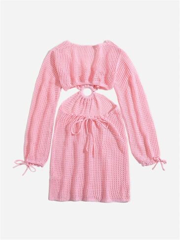 MakeMeChic Women's Swimsuit Crochet Coverups Long Sleeve V Neck Cut Out Summer Beach Cover Up Dress in Saudi Arabia