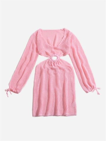MakeMeChic Women's Swimsuit Crochet Coverups Long Sleeve V Neck Cut Out Summer Beach Cover Up Dress in Saudi Arabia